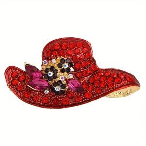 Red Hat Brooch Pin, Red & Purple Rhinestones